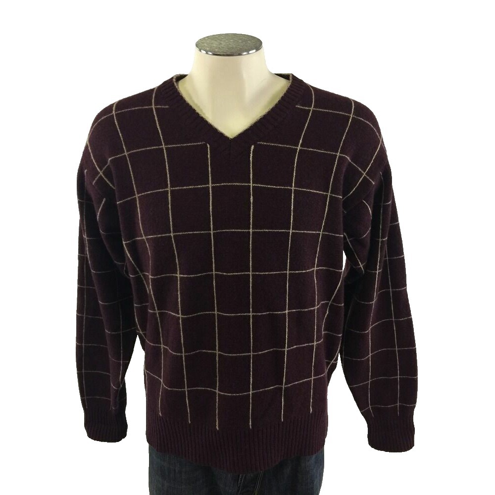 Orvis Vneck 100% Wool Sweater M Maroon‎ Gold Checks Golf Fishing Mens